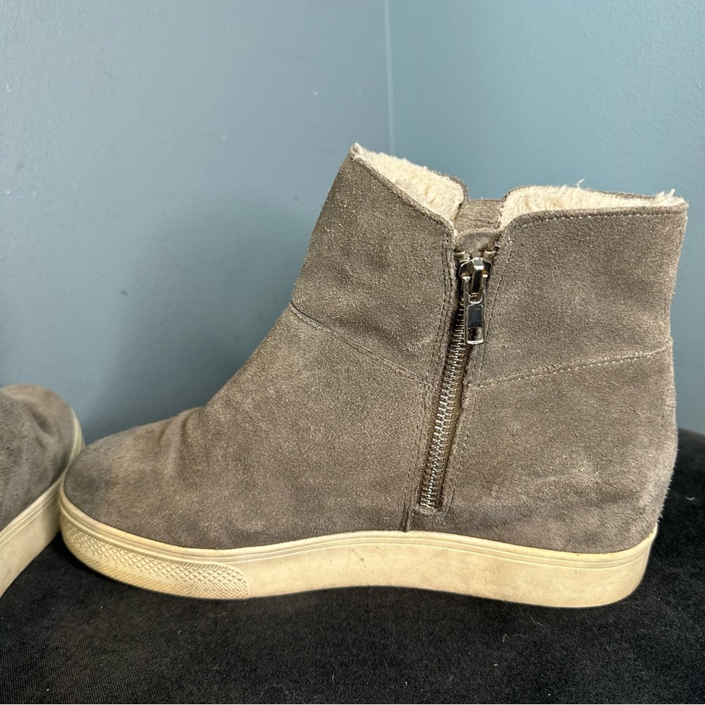 Steve Madden Women's Wanda Faux Fur Wedge Sneaker in Taupe Suede - Picture 8 of 9